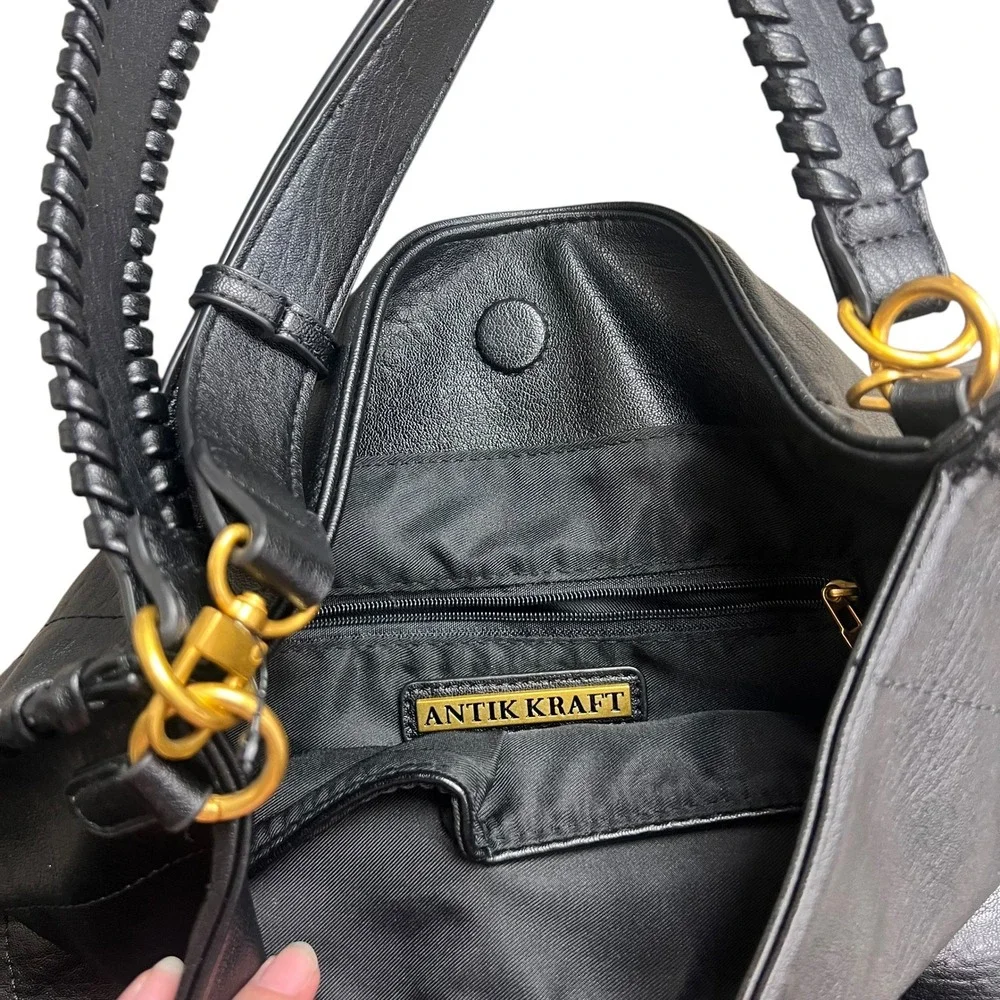 Antik Kraft Black Vegan Leather Whipstitch Hobo Bag Gold Hardware Crossbody